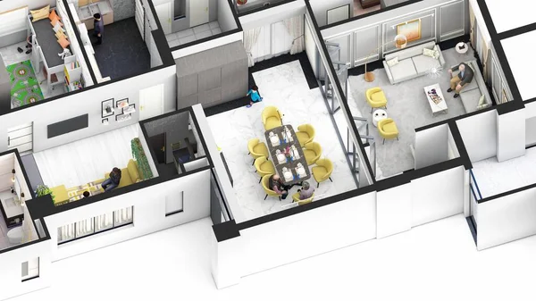 Familienwohnung Wohn Und Esszimmer Isometrisches Modell — Stockfoto