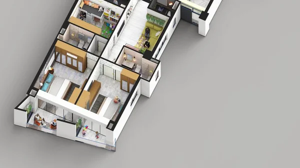 4套卧房家庭公寓等距3D渲染 — 图库照片