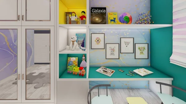 Interior design childrens bedroom study corner realistic 3d
