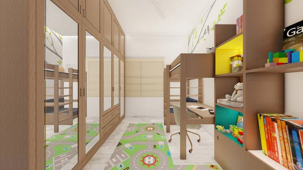 Kids bedroom with closets and storage 3d rendering