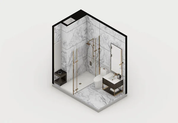 Orthographic toilet with white marble interior 3d rendering