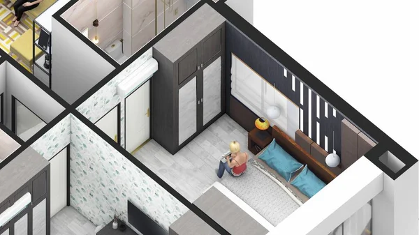 4 bed Family apartment isometric bedroom close up render