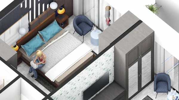 Bed Family Apartment Isometric Bedroom Close Rendering — Stock Photo, Image