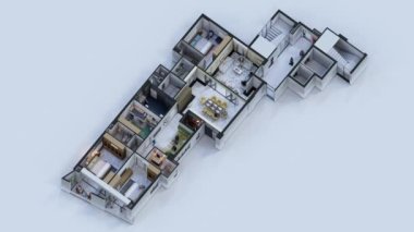 3 yatak odalı bir evin animasyon izometrik iç mimari planı