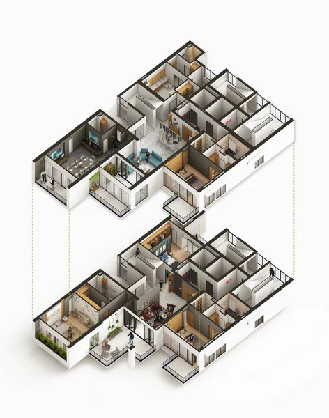Bedroom Duplex Apartment Isometric View Plan Rendering — Stock Photo, Image