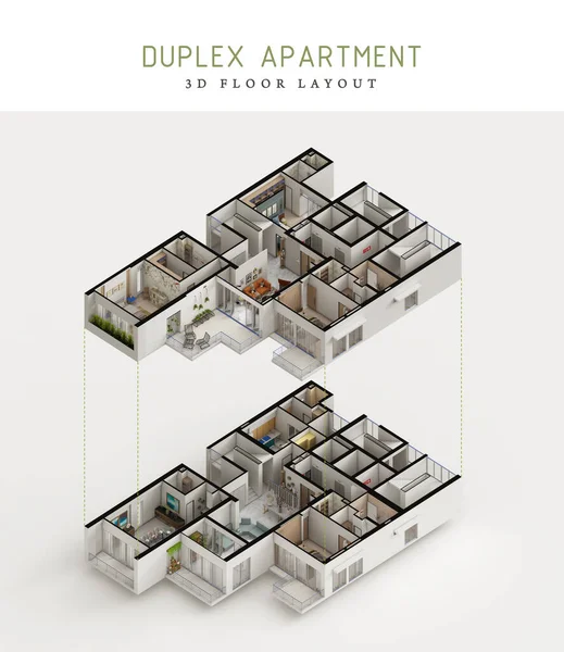 4 bedroom duplex apartment isometric view and 2d plan 3d rendering