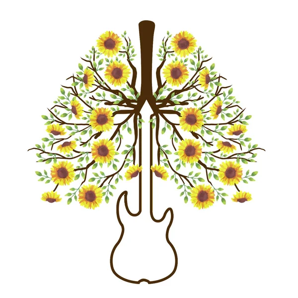 Guitar Yellow Sunflower Forming Healthy Lungs Bronchial Tree Organ Anatomy — Stock Vector