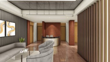 Sahte tavan ve ahşap paneller ile ofis alanının iç tasarımı 3 boyutlu görselleştirme