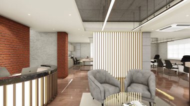 Sahte tavan ve ahşap paneller ile ofis alanının iç tasarımı 3 boyutlu görselleştirme