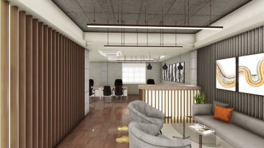 Sahte tavan ve ahşap paneller ile ofis alanının iç tasarımı 3 boyutlu görselleştirme