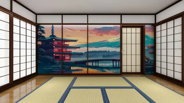 stock image Japanese oriental tea room interior with shoji screen and tatami 3d rendering