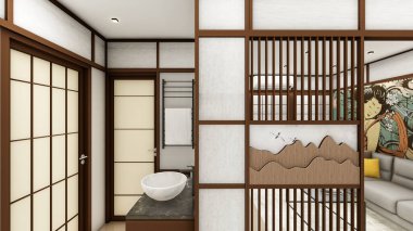 Japon oryantal oturma odası iç dekorasyonu Shoji ekran ve modüler mobilya ile