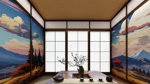 stock image Japanese Contemporary tea house interior with shoji screen tatami flooring