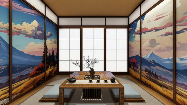 stock image Japanese Contemporary tea house interior with shoji screen tatami flooring