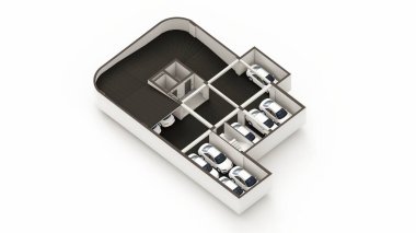 Bodrum katı, izometrik iç mekan 3D görüntüleme.