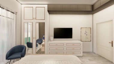 Çağdaş yatak odası iç tasarımı yavaş çekimde 3D görüntüleme