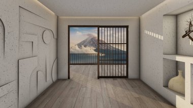 Japon Wabi sabi tarzı dağ manzaralı sessiz bir oda