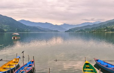 Phewa Gölü 'ndeki Pokhara vadisinde demirli tekneler.