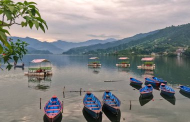 Pokhara Nepal 'deki Phewa Gölü' nün sıradağlarının ve renkli teknelerinin manzarası