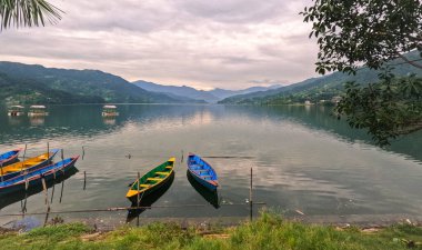 Pokhara Nepal 'de günbatımından önce renkli teknelerle Phewa Gölü' nün sakin manzarası