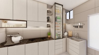 Küçük kompakt mutfağın iç tasarımı. Sahte tavanlı 3D görselleştirme.