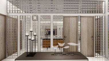 Sahte tavanı ve 3D ışıklandırması olan bir oturma odasının iç tasarımı