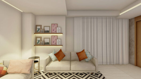 Contemporary Family Living Room with Minimalist Interior Design and Warm Wood Tones