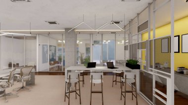 Ahşap döşemeli ve doğrusal ışıklandırmalı 3D Ticaret Ofisini Aç