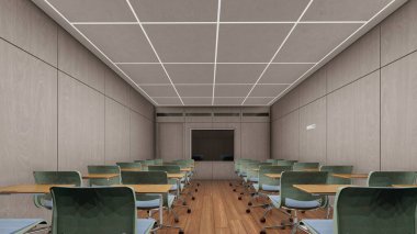 Ahşap panelli ve parlak ışıklandırmalı Modern Minimalist Sınıfı