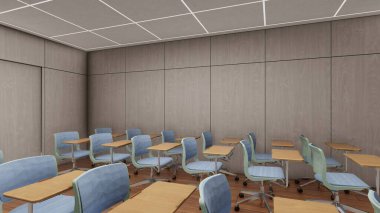 Ahşap panelli ve parlak ışıklandırmalı Modern Minimalist Sınıfı