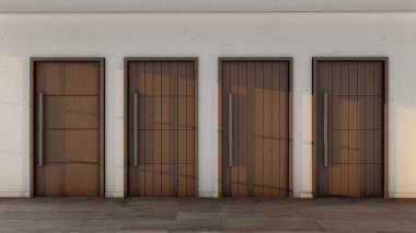 Japanese-Inspired Wooden Door Set Natural Veneer and Vertical Grain clipart