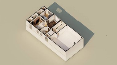 Konut İnşaat Düzeni 3D Aile Yaşam Alanının Banyosu ve Mutfağı Olan Isometric Renderlemesi