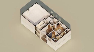 Tipik Birinci Kat Mülkiyet Tasarımı - Yatak odası Mutfağı ve Oturma Odası ile Axonometrik Hazırlama