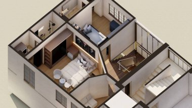 Merdivenleri gösteren çift katlı bir dairenin planı.