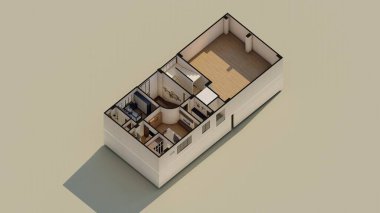Dolaba Girme Çalışma Odası ve Teras Mimarisi Modeli Isometric House Planı