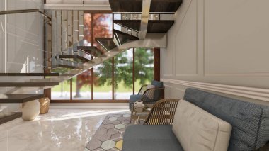 Modern Double Height merdiven salonu yüzen ahşap merdivenler, cam parmaklıklar ve rahat oturma alanı.