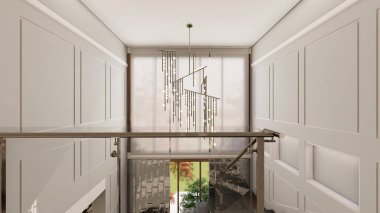 Sallanan duvarları olan klasik tarzda merdiven inişi modern kolye avizesi ve büyük pencere.