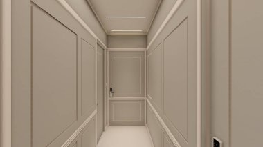 Vintage duvar kaplaması ve nötr tonlu iç koridorda dijital kilidi olan minimalist kapı