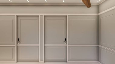 Klasik duvar kaplaması ve nötr iç mekan koridorunda Dijital Kilitli Minimalist Kapılar