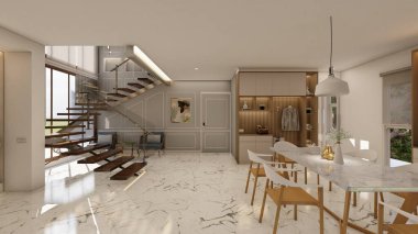 Yüzen merdiven ve mermer ile çağdaş çift boy giriş ve yemek alanı bitirir