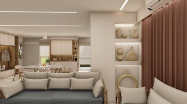 Aydınlık Kanepeli ve Doğal Ahşap Dekorlu Çağdaş Oturma Odası