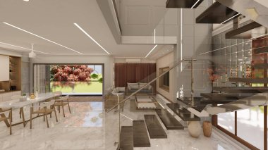 Yüzen Merdiven ve Konforlu Salon Alanı ile Çağdaş Açık-Planlı İçişleri