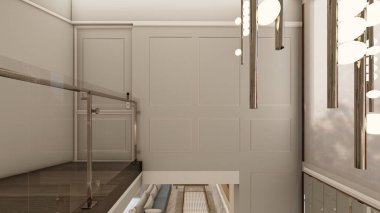 Modern kolye ışıkları ve panel detaylarıyla çift yükseklik inişi