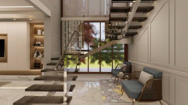 Çift katlı merdiven merdiveni, yüzen ahşap merdivenler, cam parmaklıklar ve rahat oturma alanı.