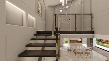 Şık yüzen merdivenler, cam korkuluklar, manzaralı yemek ve bahçe alanları.