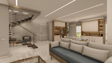 Tarafsız Palet ile Lüks Açık Konsept Yaşam ve Yemek Alanı