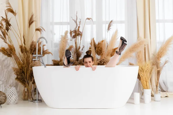 Beautiful Teenage Girl Sitting Bathtub Talking Shower Head Having Fun — 图库照片