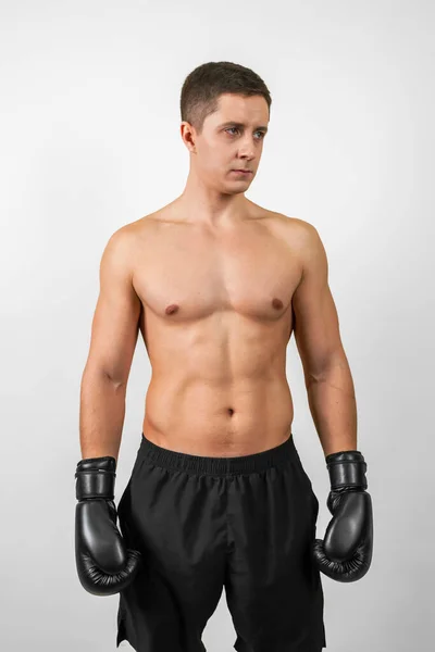 Portrait Muscular Boxer Dressed Black Shorts Boxing Gloves Isolated White — Stockfoto