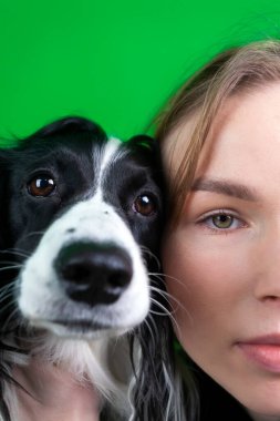 Şirin bir Rus Spaniel köpeği ve sahibinin yakın plan portresi. Yeşil arkaplanda izole edilmiş, kopyalama alanı.