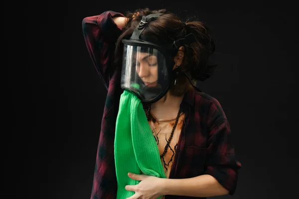 Portrait Girl Wearing Gas Mask Homemade Filter Made Rags Isolated — Stock Photo, Image